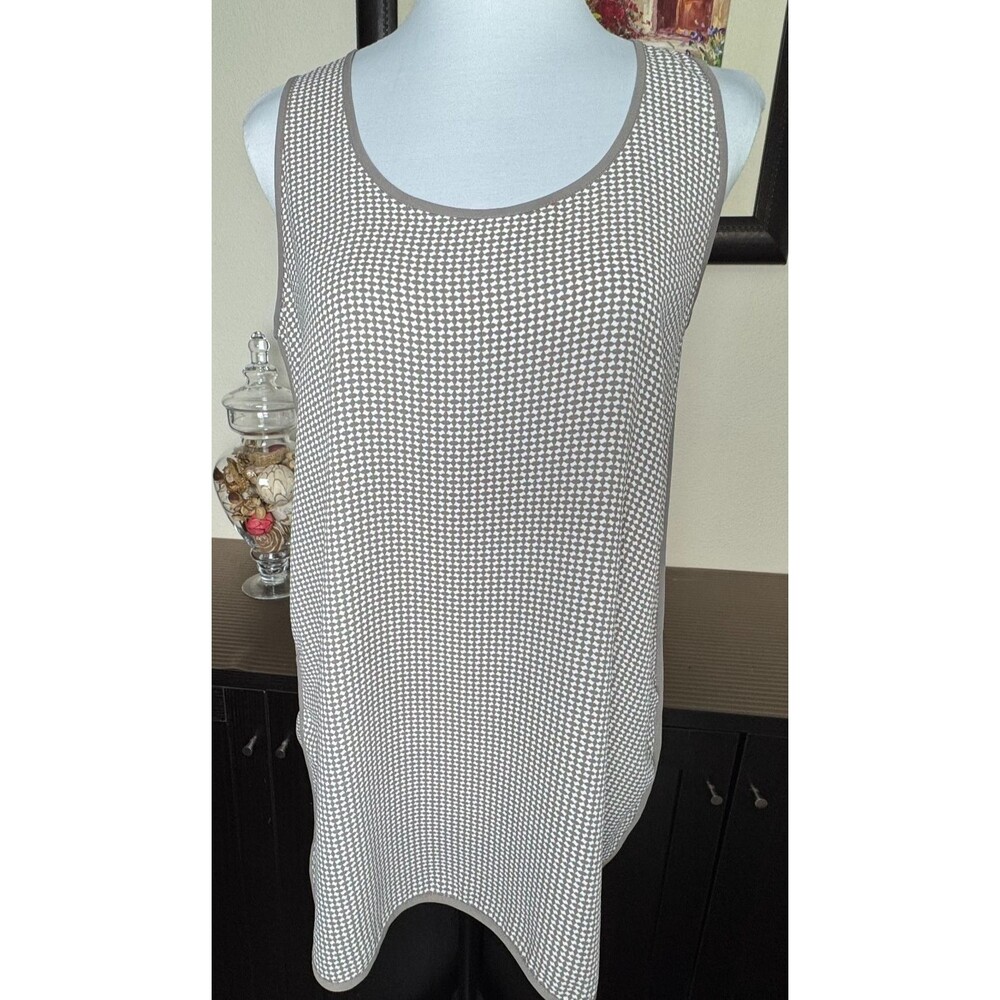 Loft Ann Taylor Top Sz XS Taupe White Print Long Tunic Sleeveless Solid Trim